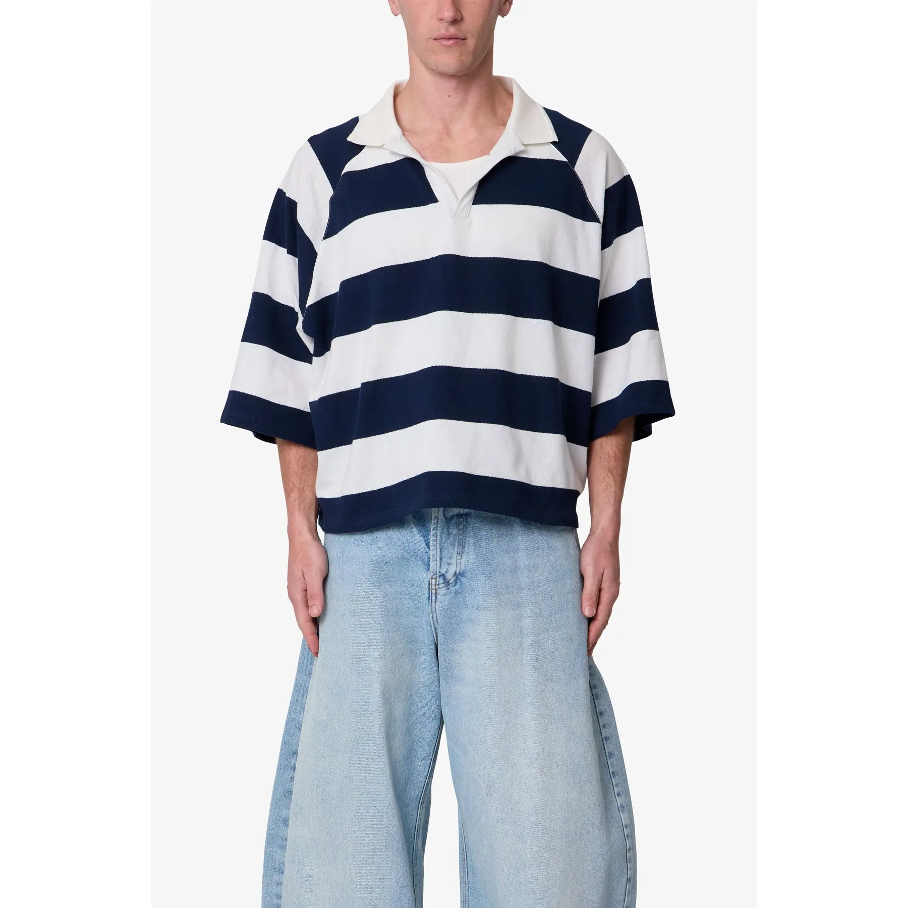 mnml Wide Striped S/S Polo Shirt - White/Navy