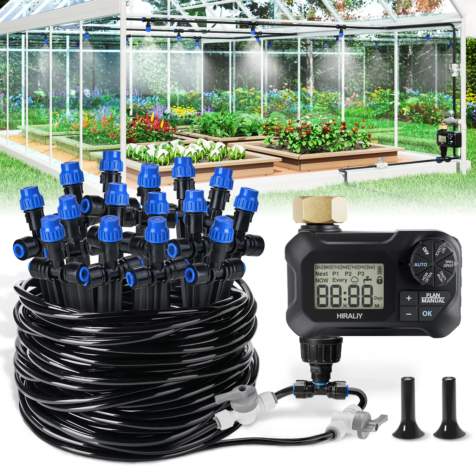 HIRALIY Automatic Garden Mist Drip Irrigation Kit - Adjustable Watering System with Dial Timer, Quick Connector, Detachable Nozzles, Simple Setup for Patio Lawn Greenhouse, Water-Saving Garden Accessory (Automatic Watering Devices Included), Garden Hose N