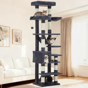 74" Tall Cat Tree,Large Cat Tree for Big Cats,Cat Tower with Scratching Posts, Condo, Perches, Hammock, Tunnel & Feeding Station,Deep Gray