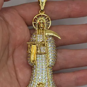 Santa Muerte religious charm pendant, maxi size (approx. 3.5 inches), yellow color, gold plated. CHAIN ​​NOT INCLUDED.