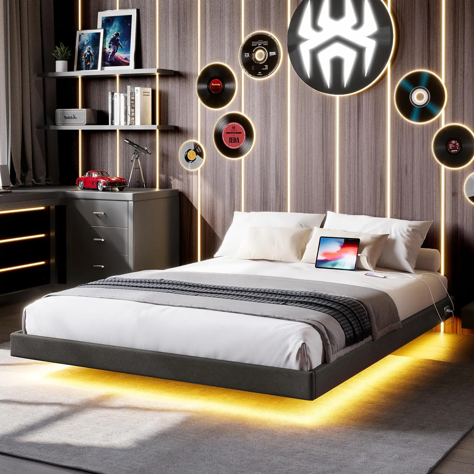 Floating Bed Frame Twin/Full/Queen Size with RGB LED Lights and Type-C&USB Ports, Linen Upholstered Platform Bed with Wood Slats Support, No Box Spring Needed,Noise-Free,Easy Assembly,Dark Gray