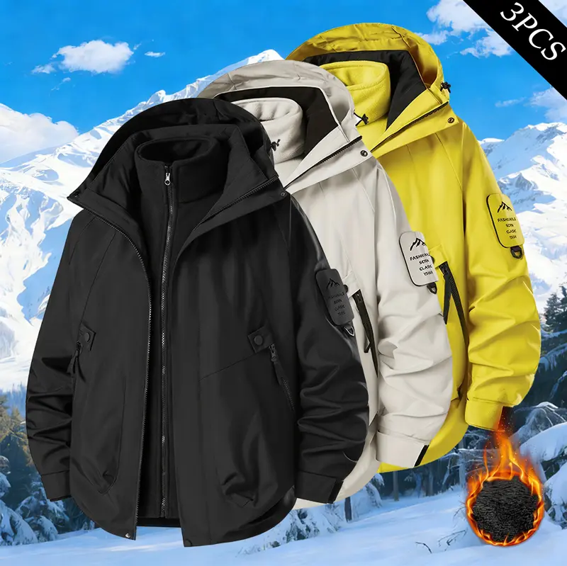 Men's Winter Fleece Hoodie - Thick Warm 3-in-1 Menswear Tops, Long Sleeve Sweatshirts with Adjustable Drawstring Hood, Ribbed Cuffs, Zippered Front, Windproof Fleece Lining, Basic Style for Outdoor Hiking, Casual Wear, Plain