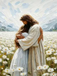 5D Diamond Painting Kit for Adults, Serene Embrace in Daisy Field, DIY Impressionist Style Art Craft for Spiritual & Cozy Home Wall Decor