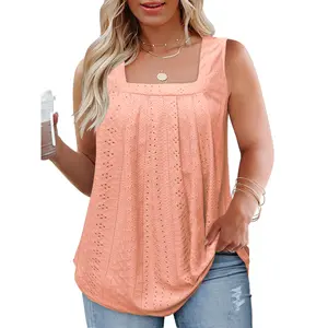 [Flash Sale] Plus Size Tank Tops Summer Sleeveless Loose Fit Pleated Shirts Square Neck Tunics Eyelet Flowy Tees 2078