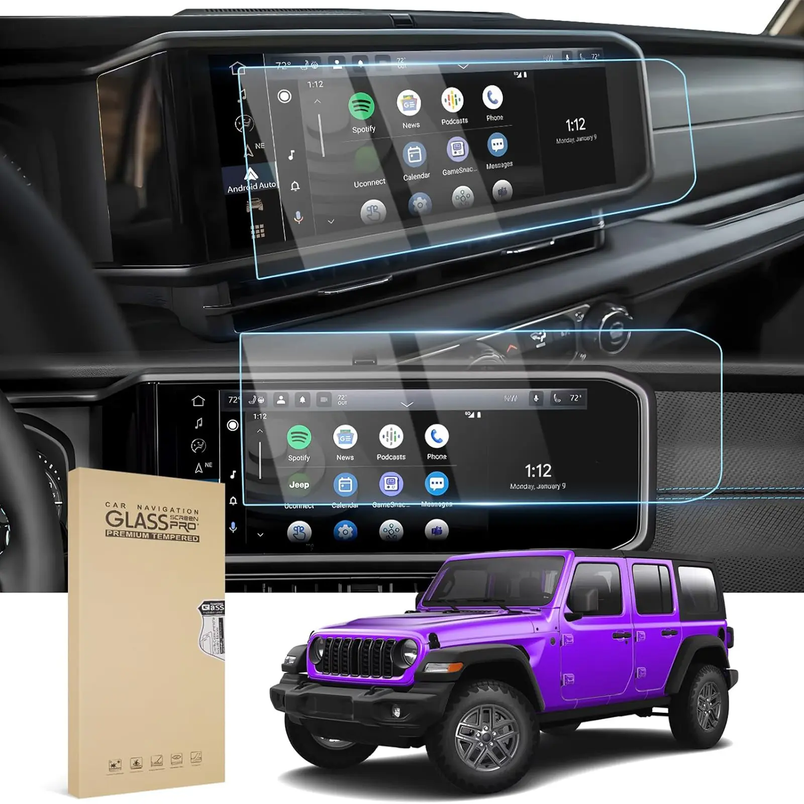 Canvcle 2PCS Tempered Glass Touchscreen Cover for 2024-2025 Jeep Wrangler JL/4XE/Gladiator 12.3in Display, 9H Anti-Scratch, Smooth Sensitive Touch, Seamless Installation, Reduced Reflection, Vehicle Accessories for Car Interior
