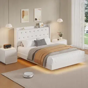 Queen Size Bed Frame with LED Lights,White Floating Platform Bed with Velvet Upholstered Storage Headboard, No Box Spring Needed, Noise Free, Easy Assembly