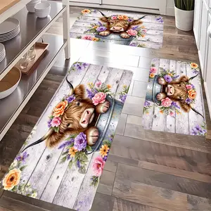 JOYFINITY Flannel Kitchen Rug Mat Set, Highland Cow Floral Pattern Design, Lightweight, Soft, Durable, and Comfortable Floor Mat. Suitable for Kitchen Rugs, Porch, Entryway, Bedroom, Decorative, Indoor, Dining Areas, Bathrooms