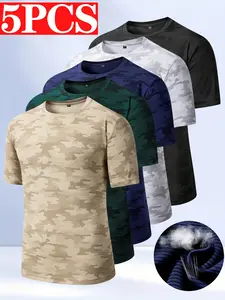 Pack of 5 - Men's Casual Sports T-Shirts, Camouflage Quick-Dry Printed Running Training Tops, Breathable High-Stretch Fitness T-Shirts for Summer