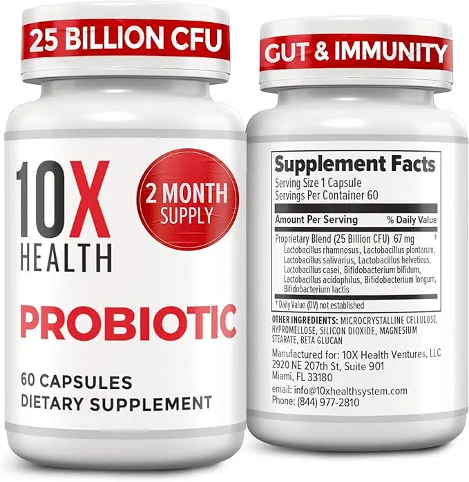 10X Health Probiotics for Men - 60 Capsules Immune Support Supplement & Probiotics for Digestive Health with Lactobacillus Rhamnosus, Acidophilus & Bifidobacterium Probiotic for Gut Health Dietary Healthy Digestion