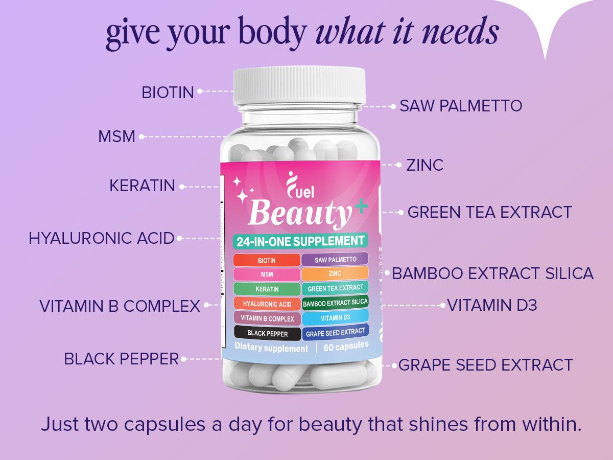Fuel Beauty 24-IN-1 Complete ALL-IN-ONE Hair Growth, Skin & Nails 60 Capsules with 30,000 MCG DHT Blocking Saw Palmetto Formula & 24 Powerful Ingredients for Radiant Skin & Healthy Hair Pro Collagen Hydrating Colagen Optimum Fitness Dietary Healthcare