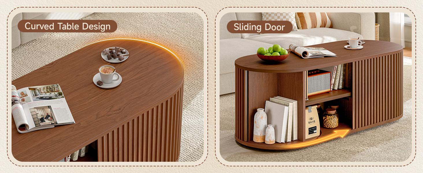 ONBRILL 47" Multi-Functional Coffee Table with Storage, Oval Coffee Table with Vertical Striped Sliding Door & Round Base, Mid-Century Modern Center Table with Adjustable Shelf for Living Room