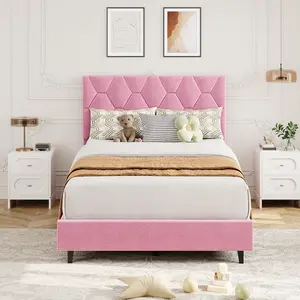 Twin Size Platform Bed Frame with Upholstered Headboard and Wooden Slats Support, Velvet Upholstered Mattress Foundation/No Box Spring Needed, Pink