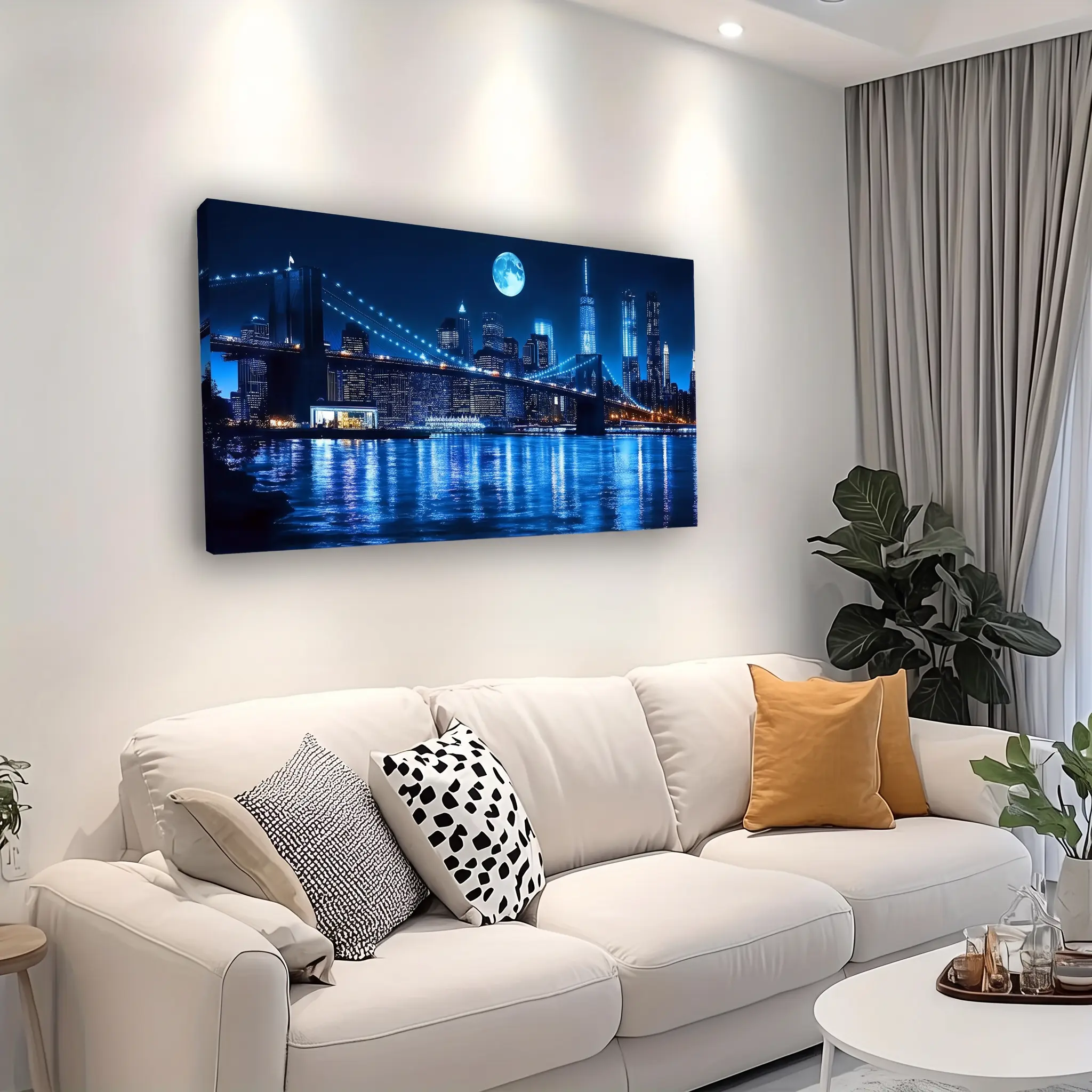 Modern Art Deco Dark Blue Cityscape Canvas Print - Wooden Wall Art with Pine Wood Solid Frame, Living Room Decorations, Multi-Size Option for Bedroom