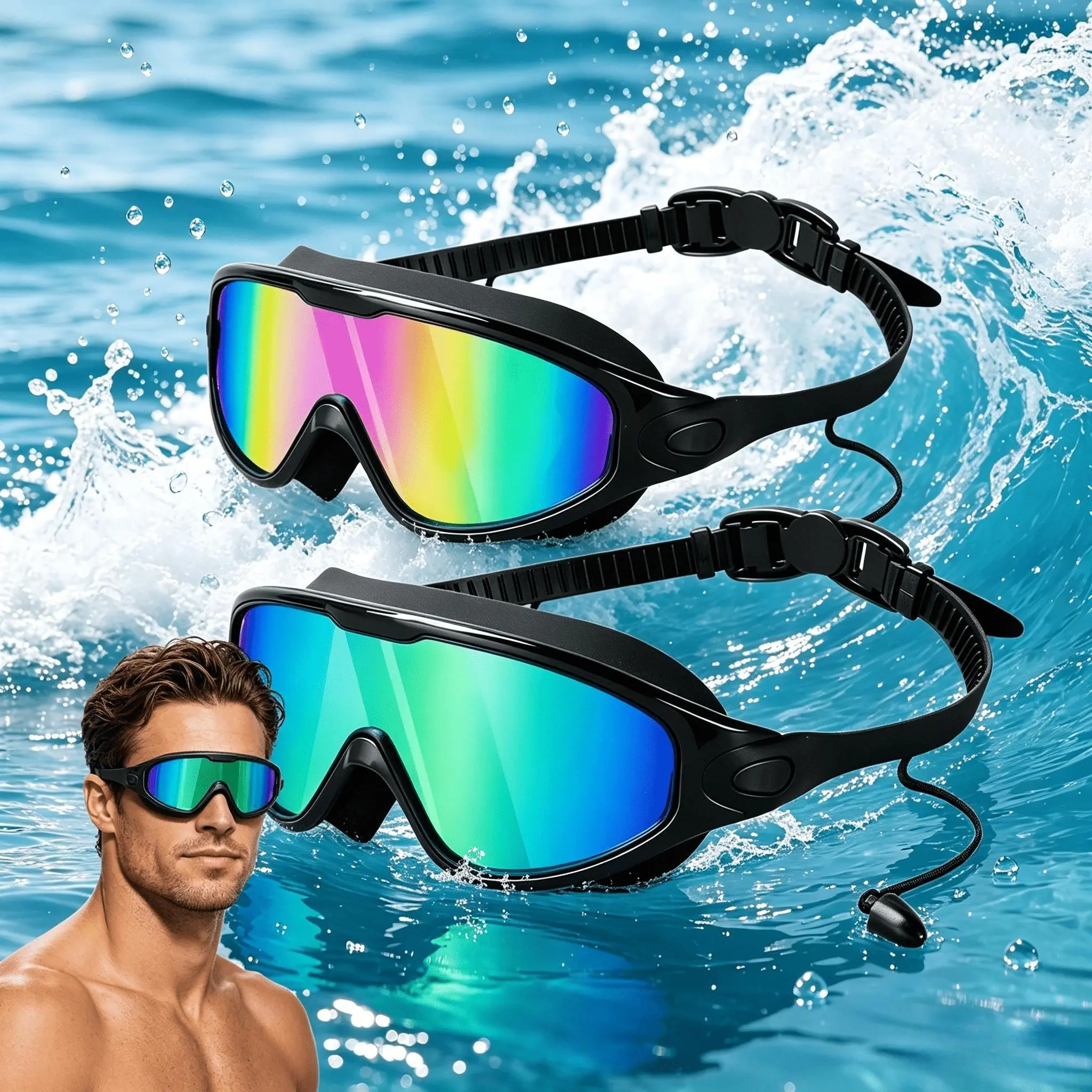 Adult Teen Swimming Goggles 2 Pack, Watertight Anti-Fog Swim Goggles UV Protection 180° Panoramic View with Full Accessories