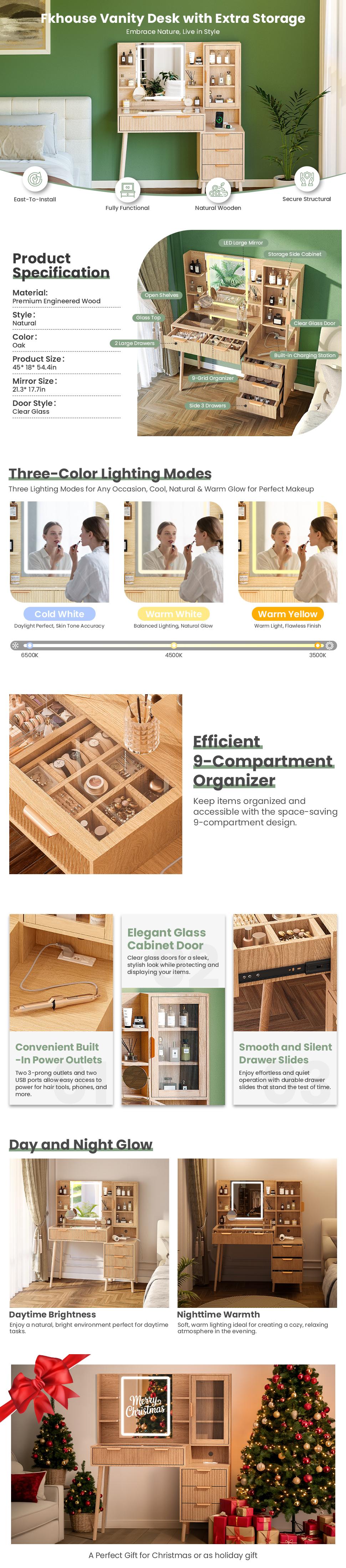 Fluted Makeup Vanity Desk with Mirror and Lights, 5 Drawers Glass Top Makeup Vanity with 10 Storage and 9-Grid Organizer, 3 Color Clear Glass Door Dressing Table with Charging Station, Natural Oak