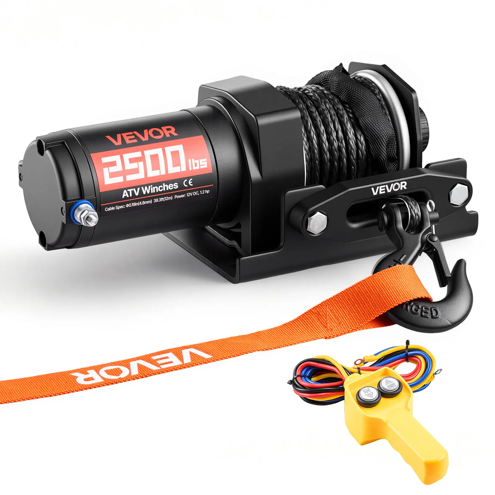 【summerfinds】VEVOR 2500 lbs Electric Winch, 12V DC ATV/UTV Winch with Φ0.19 in x 39.4 ft Synthetic Rope & Wired Remote Control, IP55 Waterproof, Aluminum Housing Fairlead Mount Plate for Towing ATV, Black