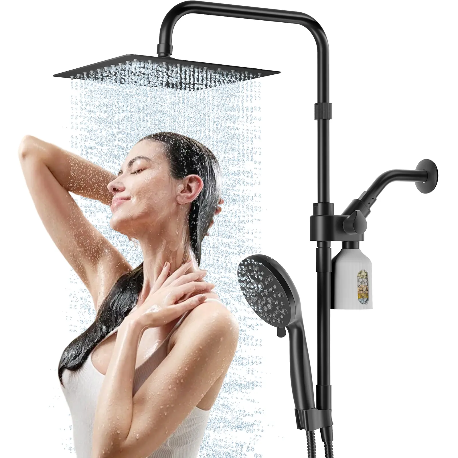 KAIYING Dual Filtered Rainfall Shower Combo - 10'' Rain Head, 16'' Adjustable Stainless Steel Extension Arm, 8-Stage Filter, 6-Spray Modes, High-Pressure Handheld Unit, 71'' Hose, Shower Water Equipment, High-Pressure Handheld Showers
