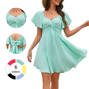 Chicovar Women's Summer Sweetheart NecklineKnot Front Flowy Mini Chiffon Dresses, Flutter Sleeve, Tie-Back, A-Line Cut, No Scratchy, No Sheer, Wedding Guest,Bridal Shower, Church, Party, Casual, or Daily Wear