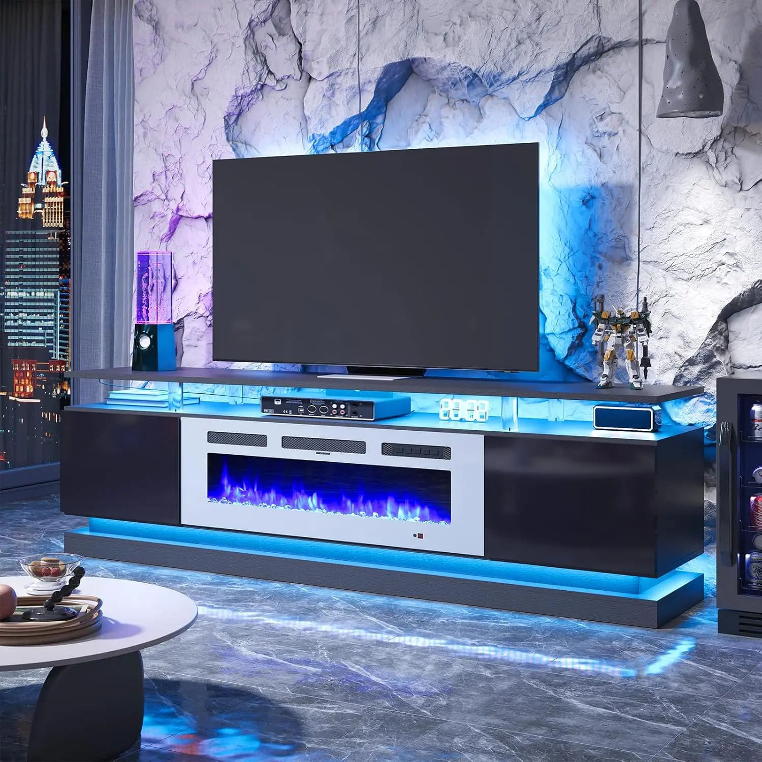 [2 Packages Shipping]Floating TV Stand with 36" Electric Fireplace High Gloss Finish Wall Mounted Entertainment Center for TVs Up to 80" Black TV Stand and Black Fireplace with Adjustable Flame & RGB Light Strips
