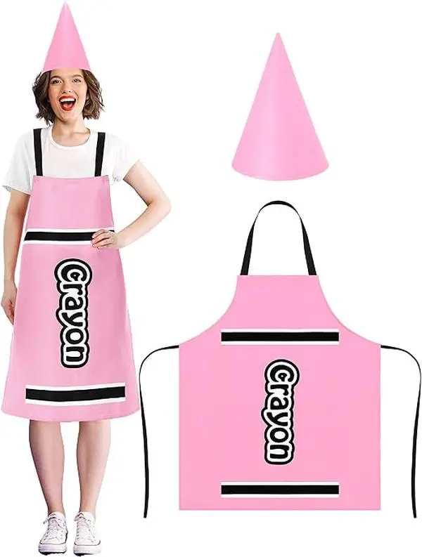 Halloween Teacher Crayon Costume Set for Back to School Class, Colorful Apron & Gnome Cone Hat for Book Character Day Spirit Week, Group Costume Creative Gift for Family Woman Men Bestie Cosplay Outfit for Halloween Party Trunk or Treat  Photo Props, Prin
