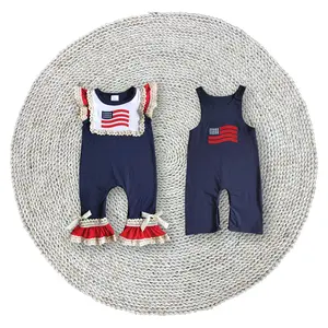 Baby Girls 4th Of July Navy Cotton Flag Embroidery Flutter Sleeve Round Neck Ruffle Snaps Rompers Sleepwear