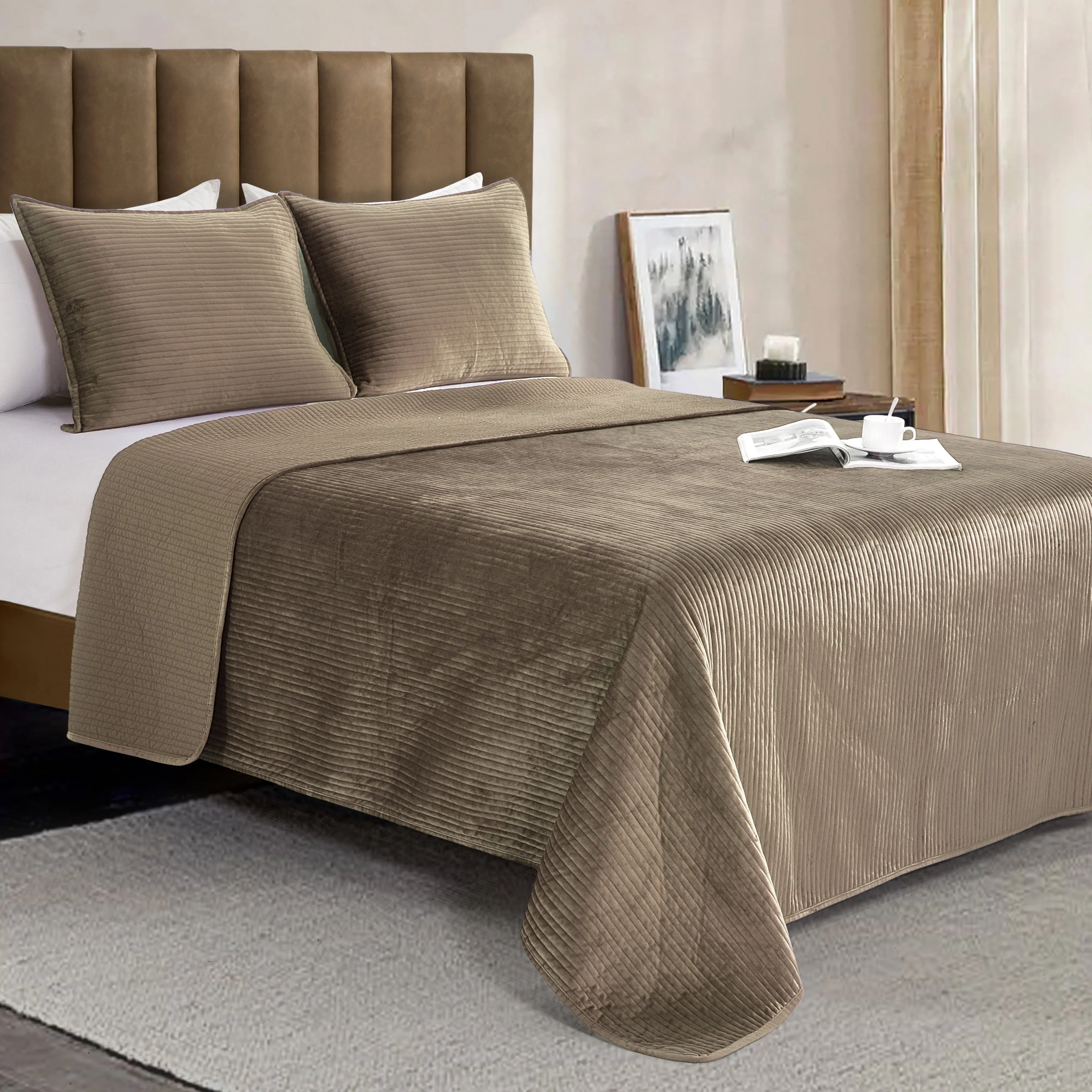 Elegant Comfort 3-Piece Velvet Corduroy Stripe Quilted Coverlet Set – Textured Luxury Reversible Bedspread