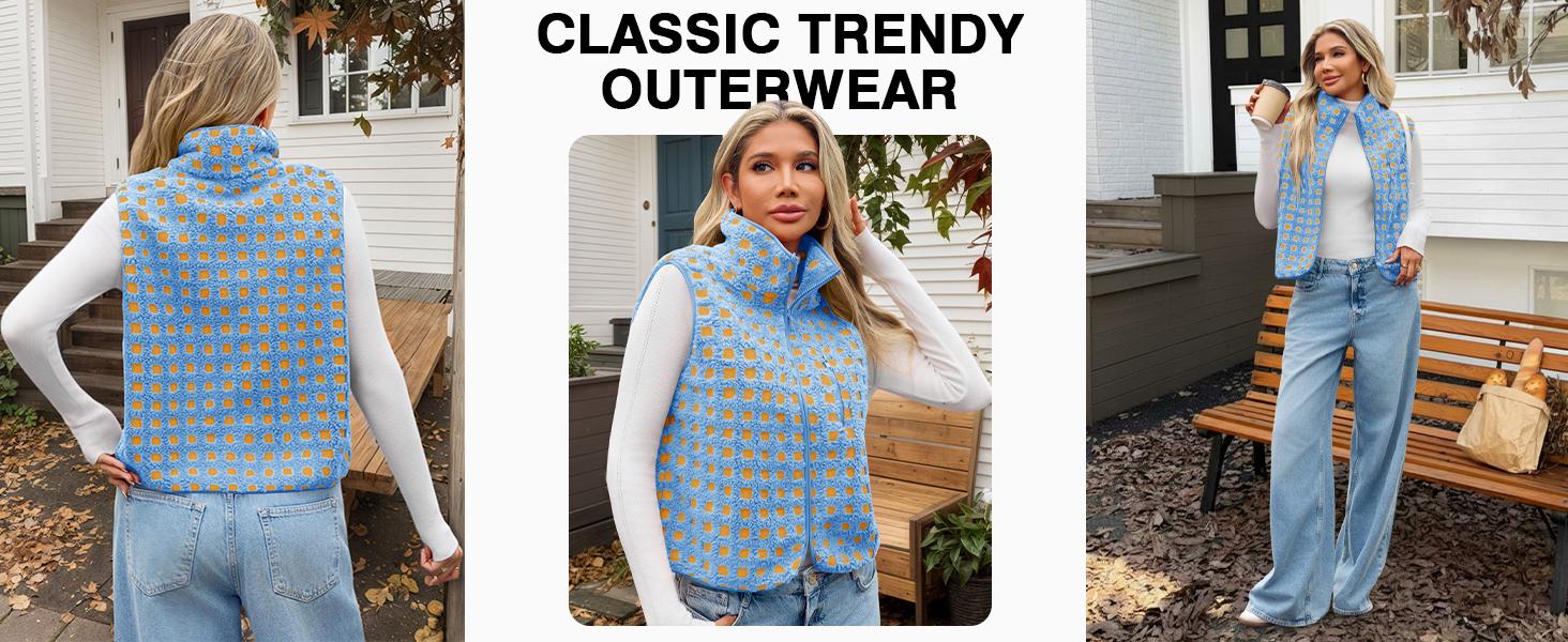 Mundoven Womens Checkered Sherpa Vest Fleece Fuzzy Zip Up Sleeveless Jacket Casual 2025 Winter Warm Outwear