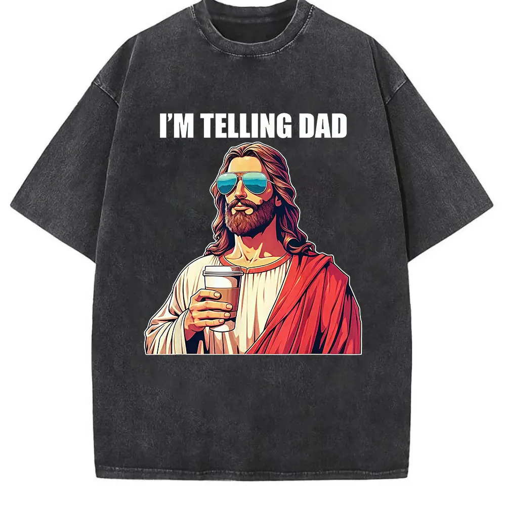 I'm Telling Dad Shirt Funny Religious Christian Jesus Meme T-Shirt Oversized Short Sleeve Classic Heavy Cotton T Shirt Printed Graphic Tee Women's Casual Short-Sleeved Top -Versatile Basic T-Shirts Fit Womenswear Cute Black Summer Streetwear Shortsleeve