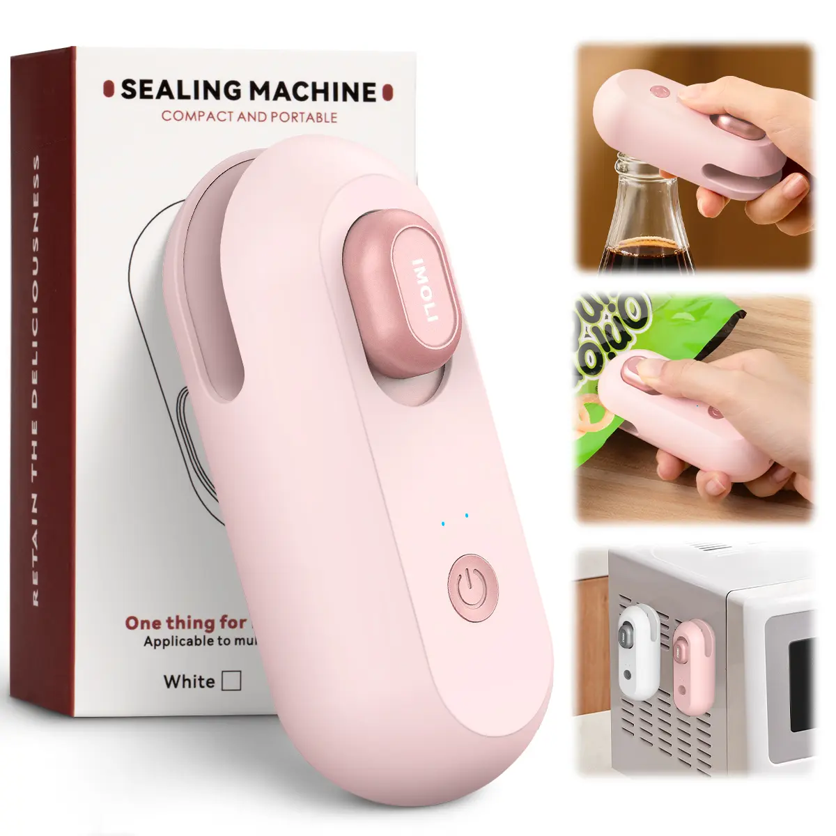 IMOLI Multifunction Kitchen Food Sealer - 3-in-1 Rechargeable Cordless Appliance with Built-in Cutter, Bottle Opener, USB Cable, 11x7x5cm Compact Size for Travel, Fresh-Keeping Bags, Chips