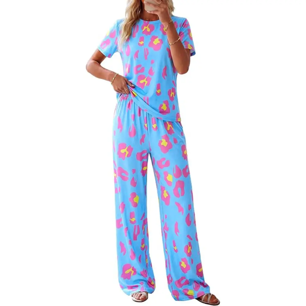 PRETTYGARDEN Women's 2 Piece Pajama Sets Summer Matching Lounge Outfits Short Sleeve Printed Sleepwear Spring PJ Set