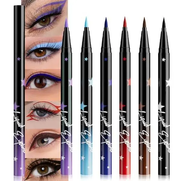 evpct 6Pcs Matte Eyeliner Set Pack Waterproof Smudge Proof, Lavender Purple Sky Royal Blue Red Brown Black Eye Liner for Face Body Paint, Longwear Eyeliners Waterline Thin Quick-dry 02
