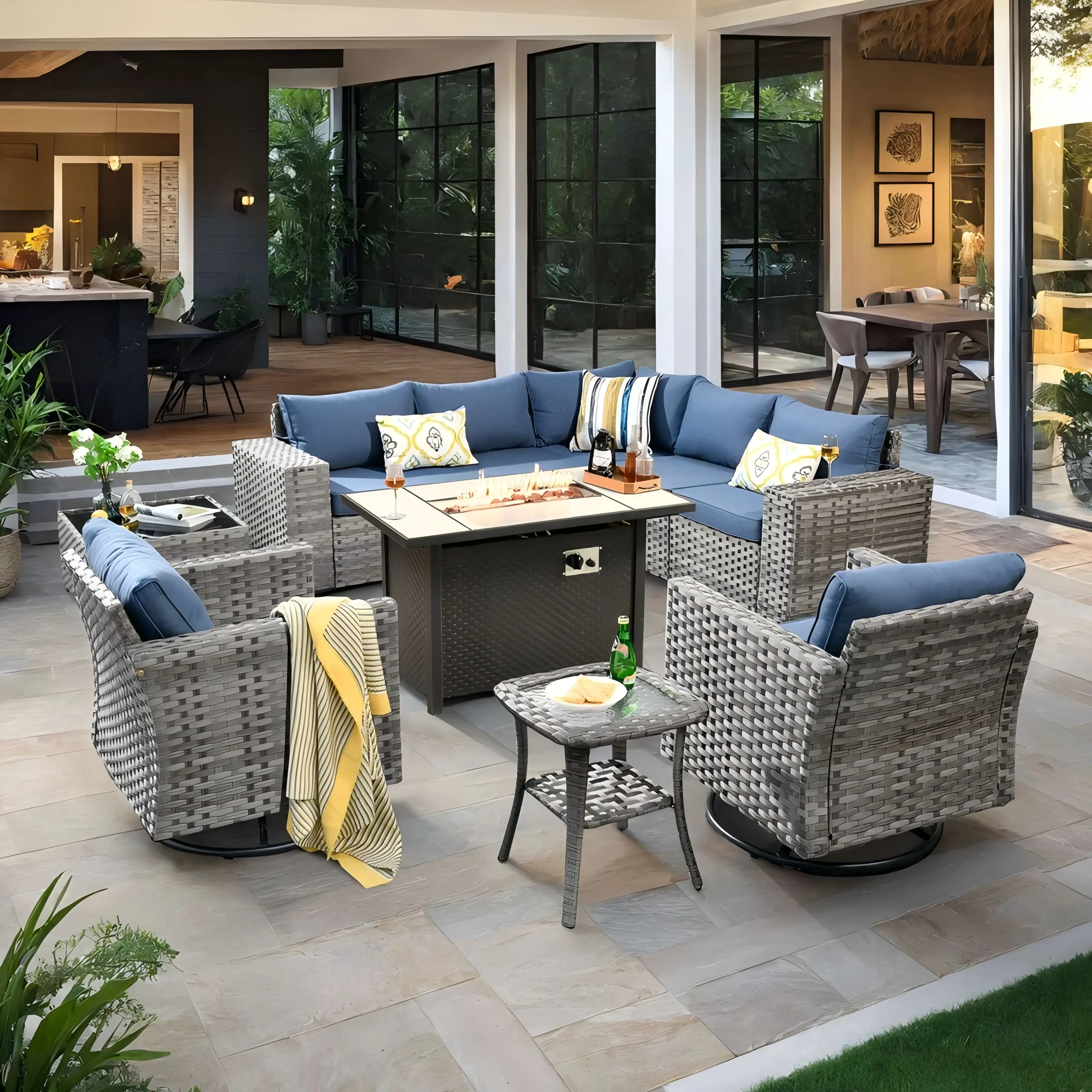 【Summerfinds】OVIOS 10-Piece Outdoor Patio Furniture Set with 42" Propane Fire Pit Table & Swivel Rocking Chairs, All-Weather Wicker Rattan Sofa Set with Wide Armrests & Cushions for Backyard, Patio & Deck