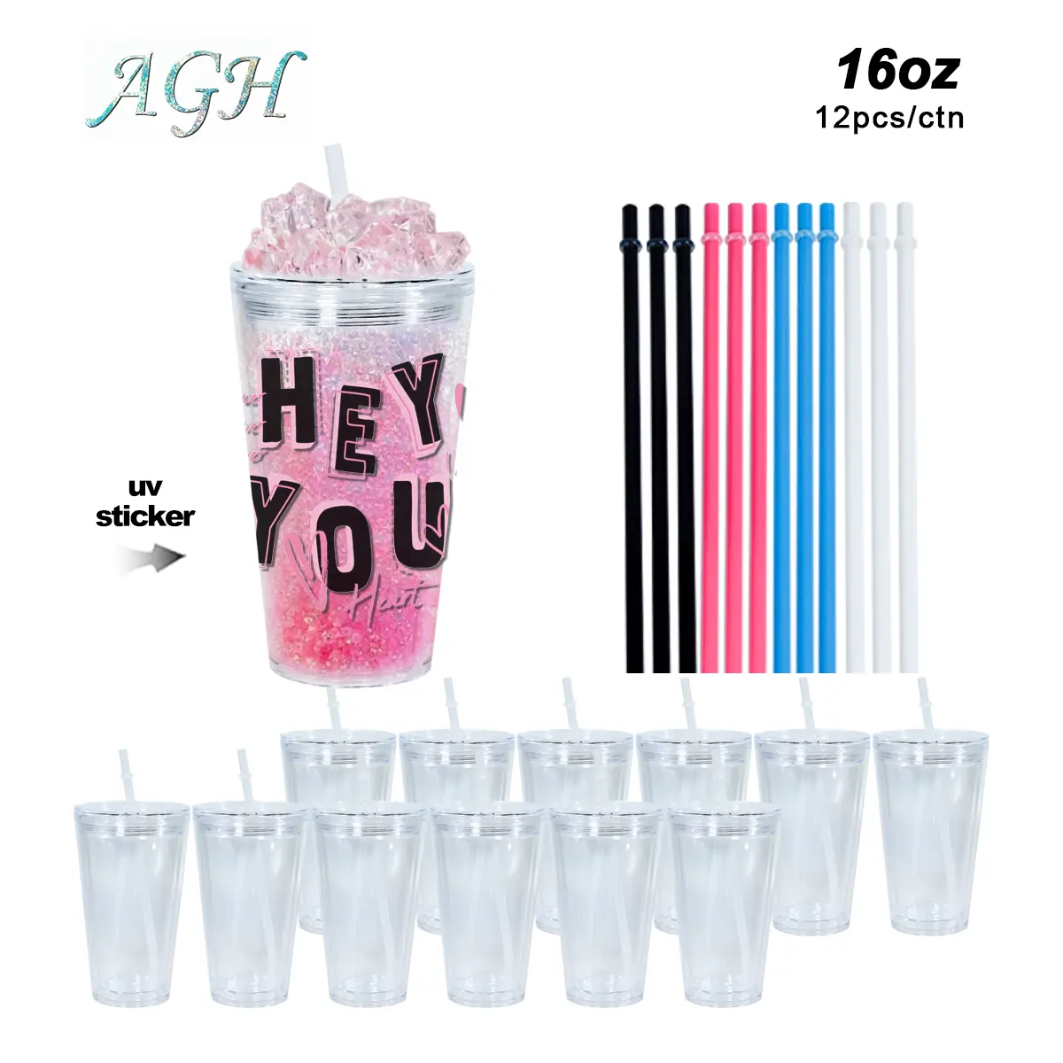 AGH US [New Arrived] 12pcs 16 OZ Double Wall Plastic Tumblers with Clear Color Lid Snow Globe Acrylic Cups Water Bottles for Crafty DIY Glitter Gifts