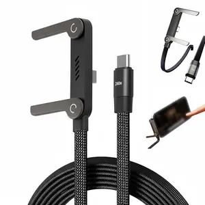 Invisible 240W Braided Fast Charge Cable with Built-in Phone Adjustable Stand, 2026 New Foldable Durable USB-C Cord Cable Multi-Functional Charger Cord, Type-C to Type-C