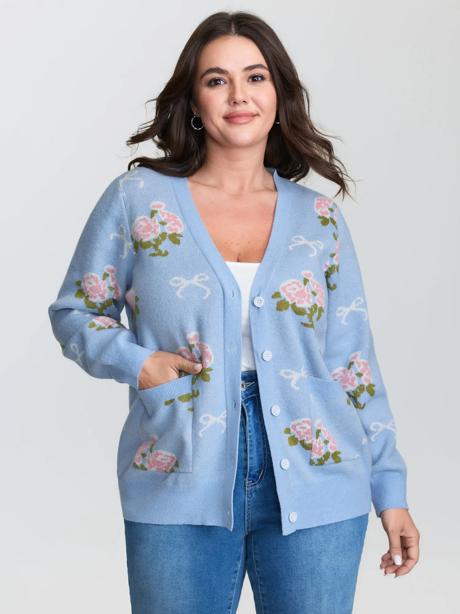 BloomChic Women's Playful Floral Jacquard Knit Cardigans, Deep V-Neck Long Sleeve Lightweight Fabric Summer Garment, Knitwear, Fit, Tops, Nylon, Low Iron, Cute, Polyester, Lady, Longsleeves, Pocket, Flowers, Floral Print, Button Closure, Regular Sleeve