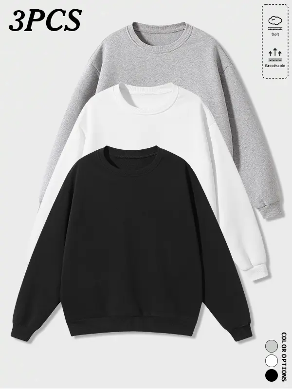 Men’s 3-pack crewneck sweatshirts for everyday wear—drop-shoulder loose fit with a relaxed silhouette; versatile styling suitable for various everyday outfits and occasions.