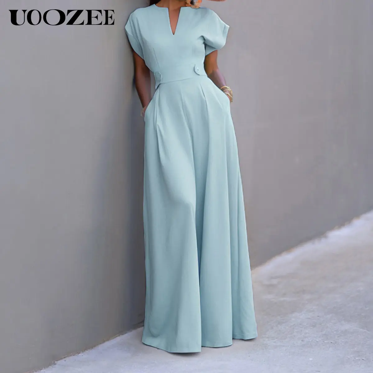UOOZEE Women's Green Cap Sleeve Wide Leg Jumpsuit - Fitted Polyester Overall with V-Neckline - Chic & Elegant Style (the size is one size smaller,it is recommended to order a size larger) Elegant Shortsleeve, Minimalist, Elegance,back to school shopping