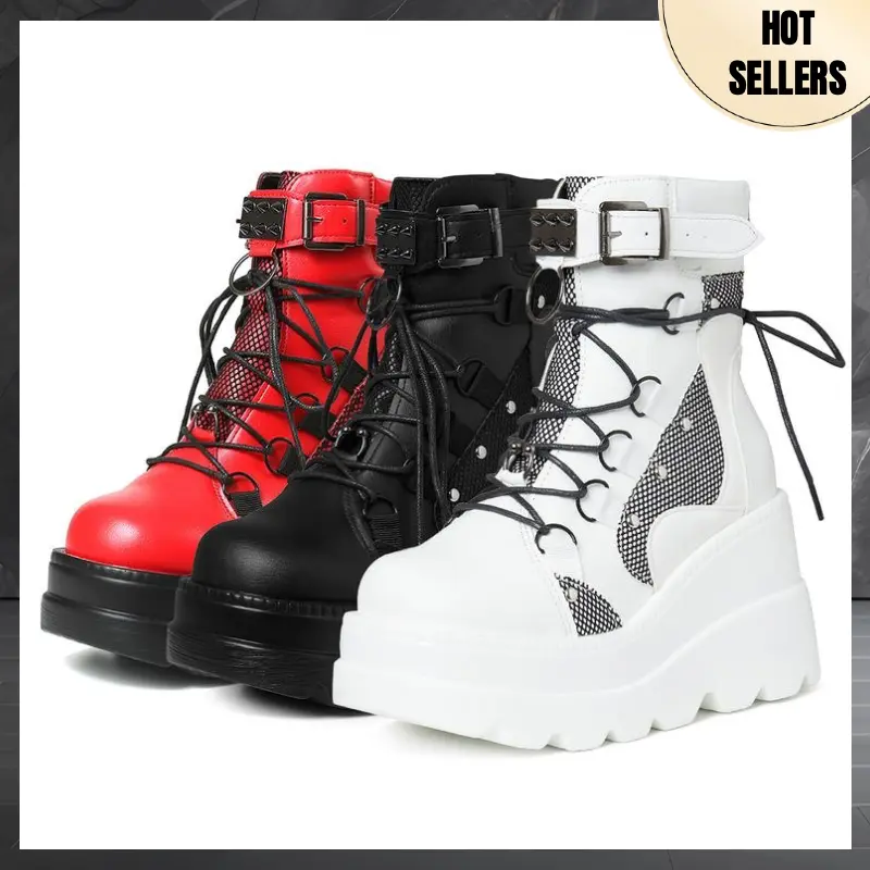 Platform Ankle Boots for Women Chunky High Heel Booties Goth Round Toe Combat Boots Women Lace Up Motorcycle Wedges