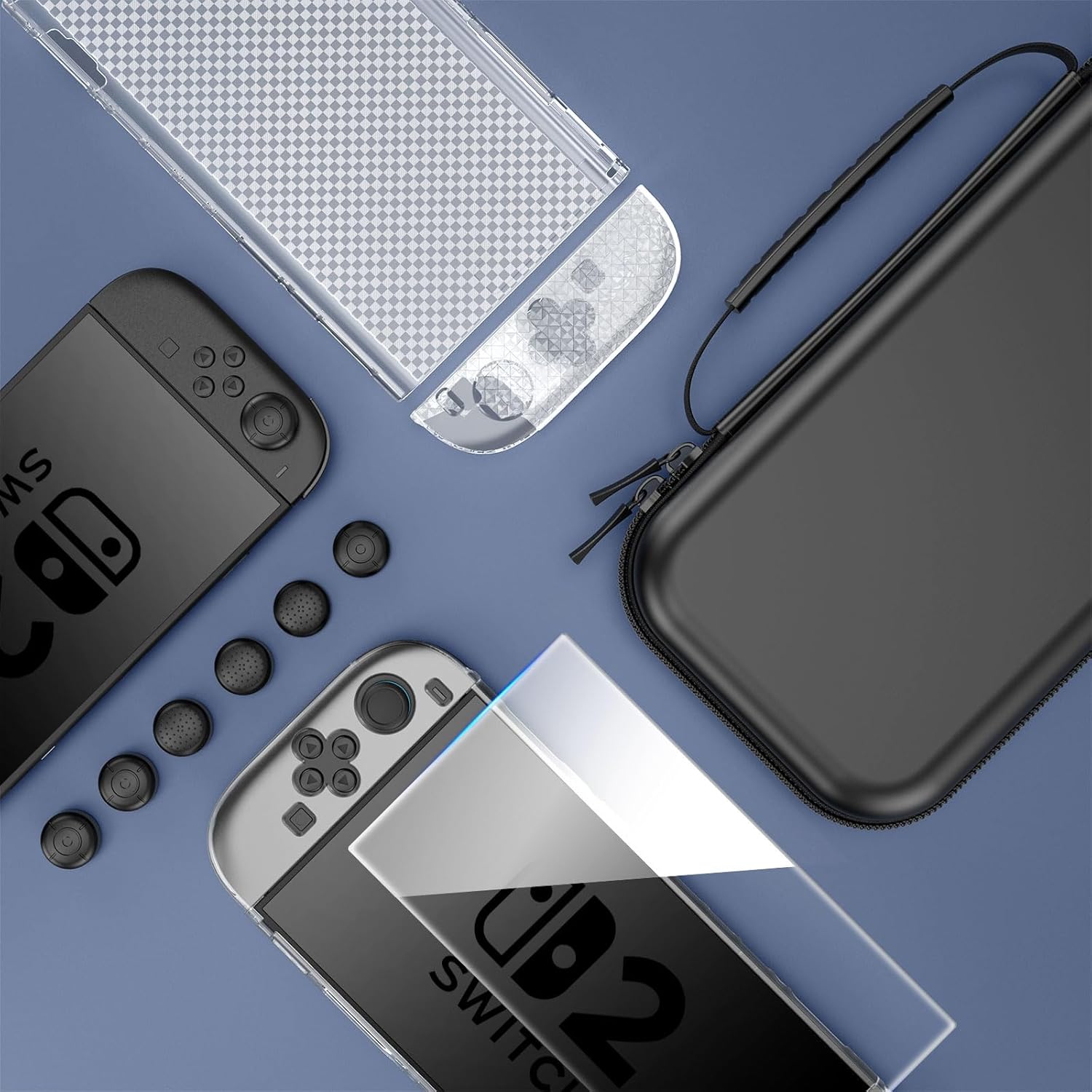 HEYSTOP Switch 2 Case Set - Protective Carrying Case with PC Cover & TPU Grip, Large Capacity for Accessories, HD Tempered Glass, Joystick Covers, Adjustable Console Protector