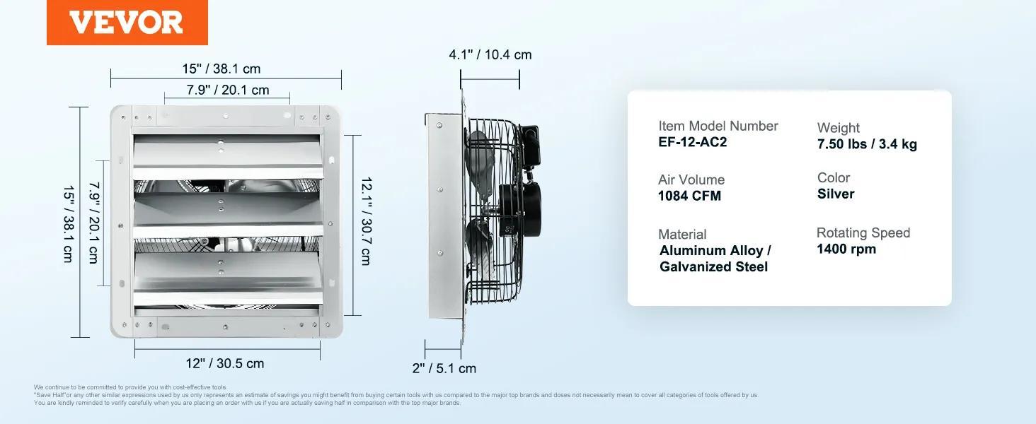 VEVOR Shutter Exhaust Fan, TikTokShopBlackFriday, 16'' with Temperature Humidity Controller, EC-motor, 2650 CFM, 10-Speed Adjustable Wall Mount Attic Fan, Ventilation and Cooling for Greenhouses, Garages, Sheds, ETL Listed  With or without a controller