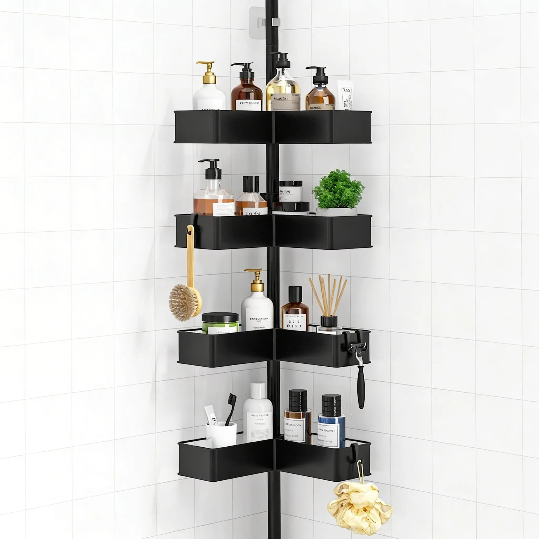 4 Tier Adjustable Corner Shower Caddy with Tension Pole, No-Drill Bathroom Corner Shelf Organizer, 34.2-114.1 Inch Height, Shower Storage Rack with Hooks for Shampoo, Loofah & Bath Accessories, Black
