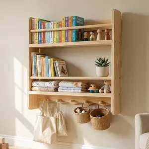 Large Nursery Bookshelf for Wall: 23.6inch 2-Tier Floating Book Shelves for Bedroom Playroom Solid Pine Wood Storage Organizer with Ledge Hooks Bar Neutral Decor