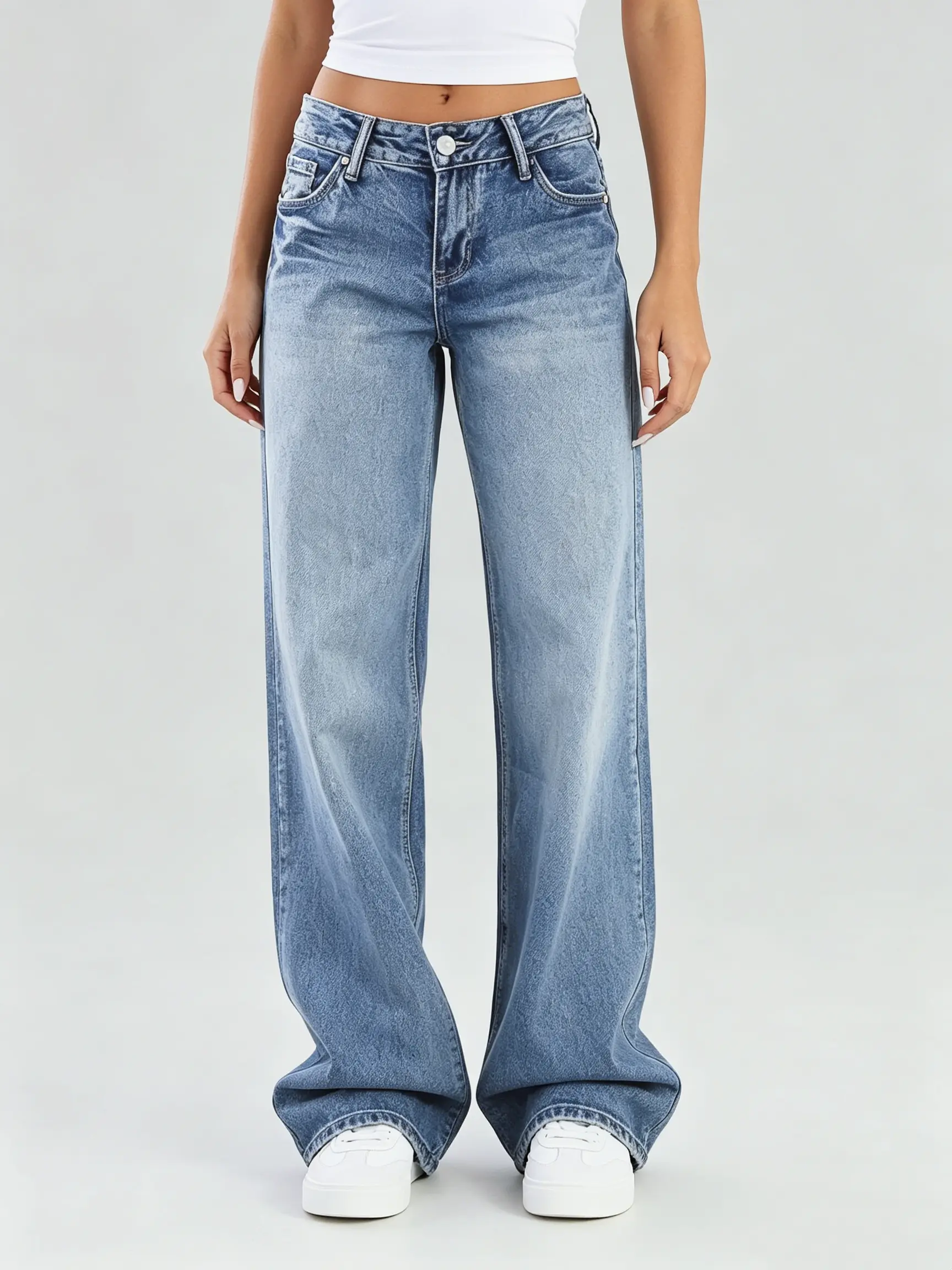 Women's Baggy Jeans, High Stretchy Y2K Straight Leg Jeans, Womenswear WideLeg Loose Microelastic Boyfriend Denim Pants Blue Lightweight Mid-Rise Barrel Jeans