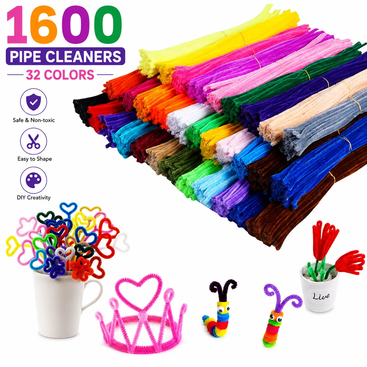 Pipe Cleaners,1600 Pieces Pipe Cleaners Crafts Pipe Cleaners Craft Supplies in 32 Color Chenille Stems for Home and School DIY Art Crafts (0.23 x 11.8 Inches)