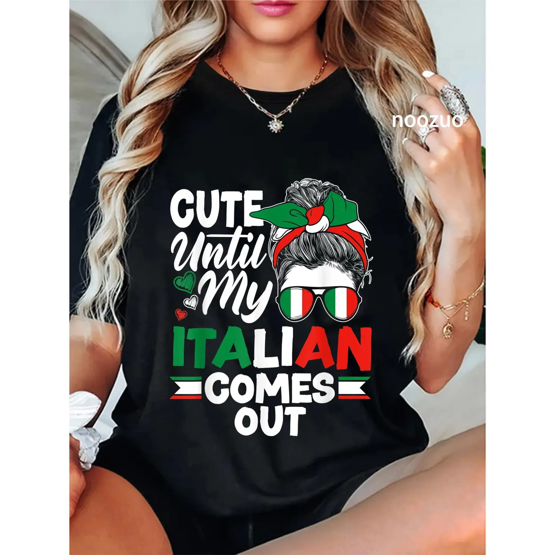 Women's 100% Cotton Casual Everyday Lady's Round Neck Streetwear Distressed T-Shirt - "Cute Until My Italian Comes Out" Italy Flag Graphic, Short Sleeve, Relaxed Fit, Funny Quote Top, Tshirt, Vintage