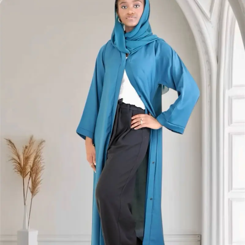 Open Front Button-Down Abaya with Matching Hijab | Teal Blue
