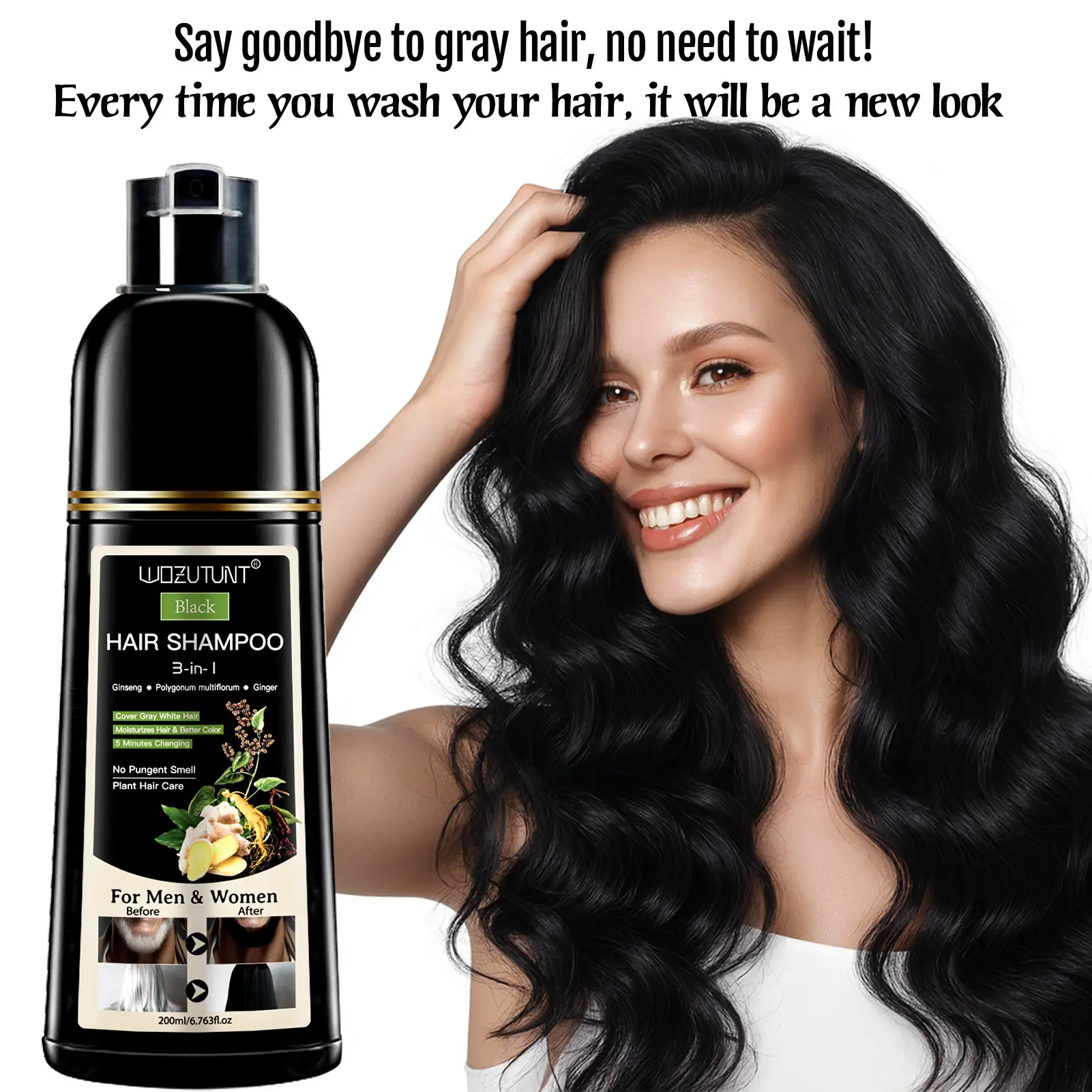 Goiple 3-in-1 Black Hair Dye Shampoo with Ginseng Herbal Formula 200ml Gentle Cleanser Conditioner for Salon-Quality Results Radiant Silky Cleansing Organic Hair Care