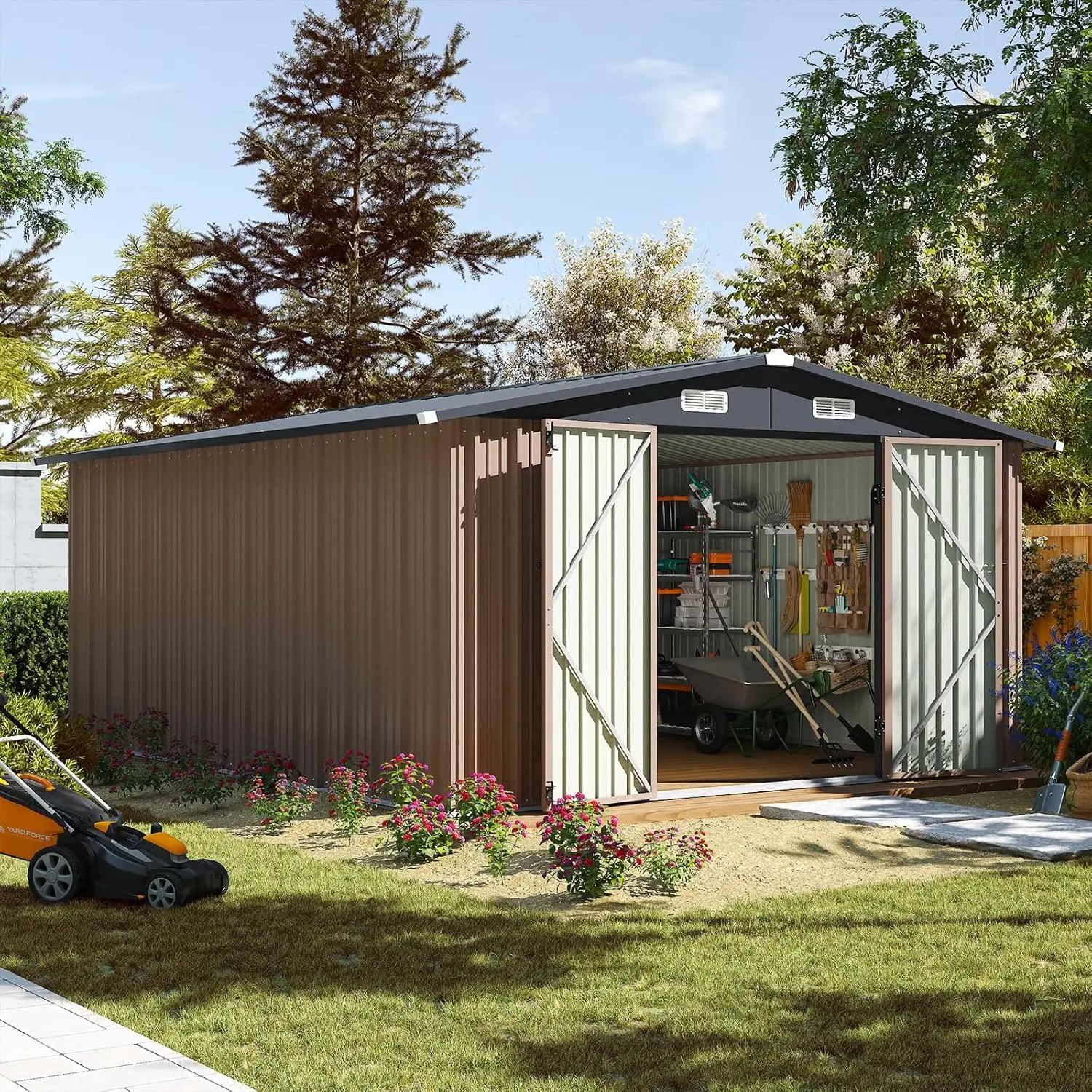 Aoxun Metal Outdoor Storage Shed - Sloped Roof, Waterproof, Double-Hinged Large Lockable Door, Storage Sheds Outdoor for Patio Garden Backyard, Keeps Patio Gear Organized, Holds Yard Tools Neatly, Black-Brown