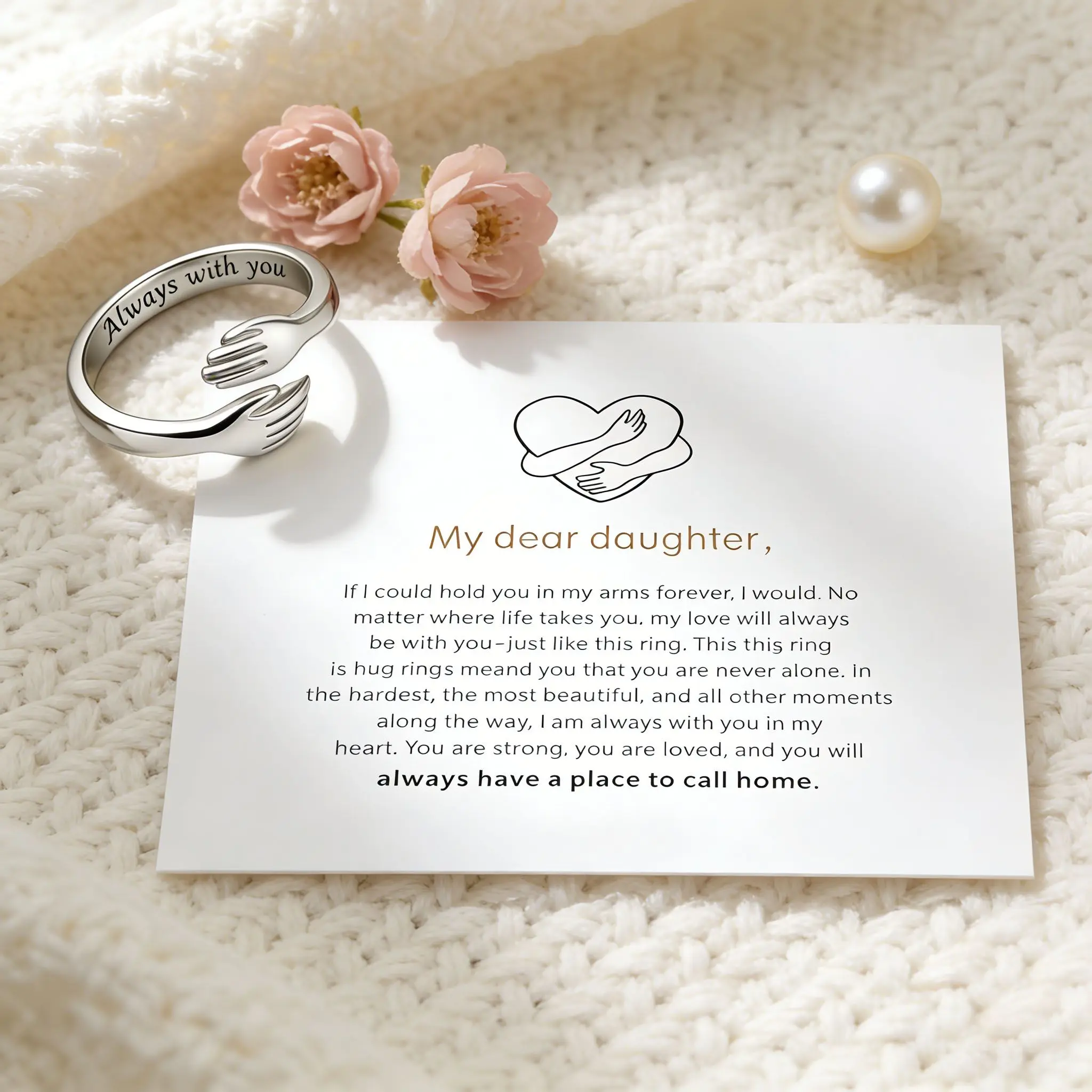 Women's Stainless Steel Hug Ring, Engraved "Always With You" Message, Adjustable Tarnish-Free Personalized Jewelry, Sentimental Birthday Gift for Daughter, Birthday Gift Ideas, Hug Symbol, Happy Birthday
