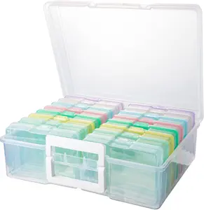 Craft Organizers and Storage, Photo Storage Box with 16 Inner 4""×6"" Photo Boxes, Card Organizer & Sticker Organizer, Pastel Translucent Candy-Colored Picture Box with Handle